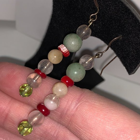 Coral, Jade, and Quartz Dangle Earrings - Picture 1 of 6